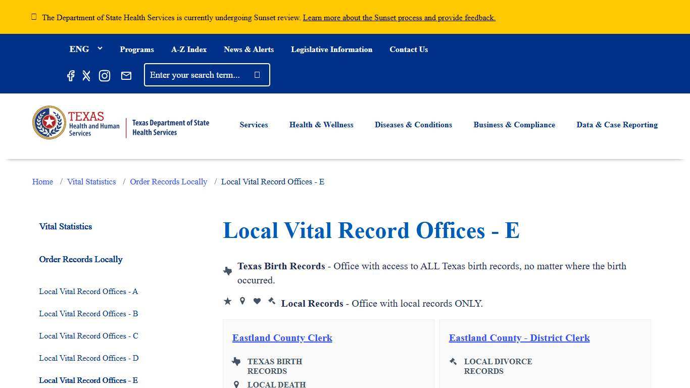 Local Vital Record Offices - E | Texas DSHS